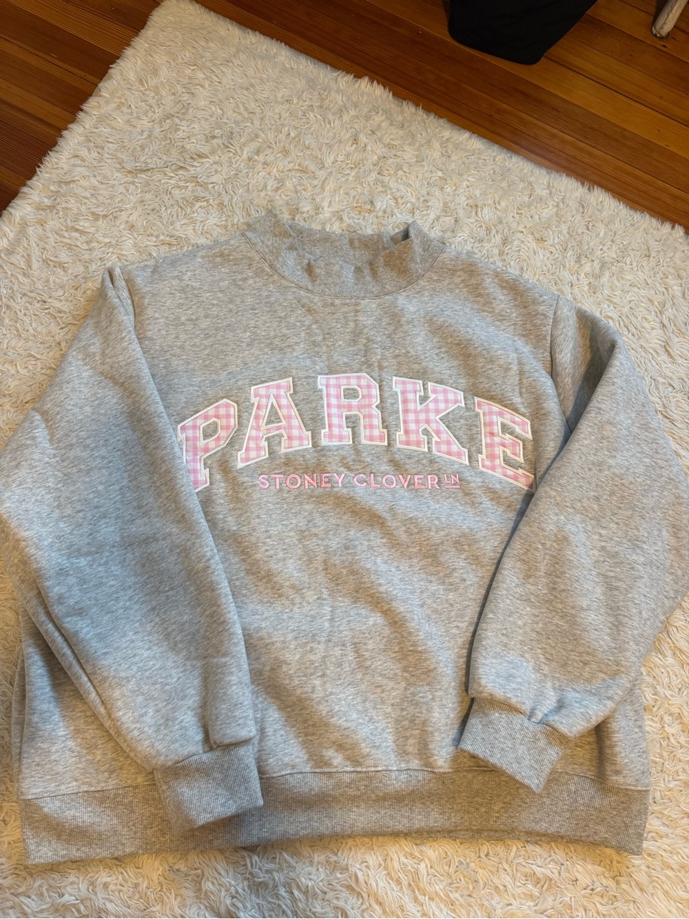 Parke Grey Crewneck Sweater with Pink Gingham PARKE Logo